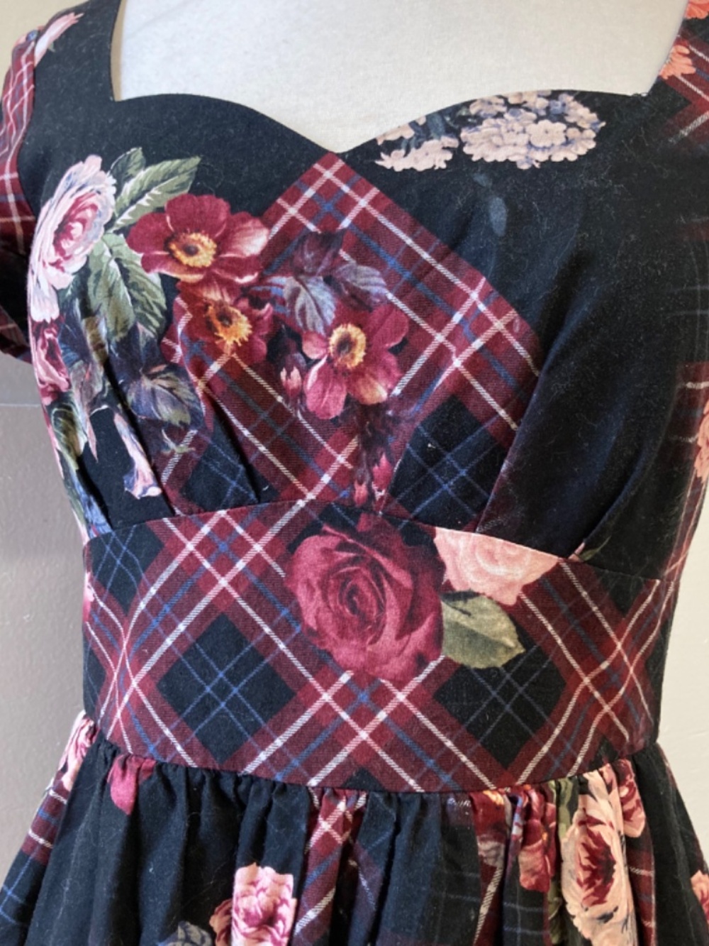 ModCloth Retro A Line Sweetheart Dress Pocket Brown Floral Plaid Country Cottage - Picture 4 of 10
